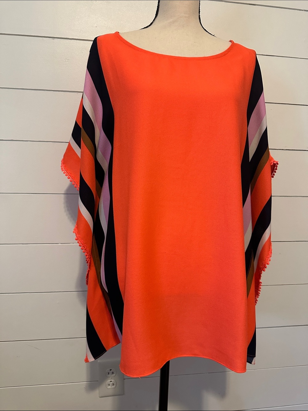 Gibson Latimer Bright Coral Poncho Tunic with Striped Sleeves